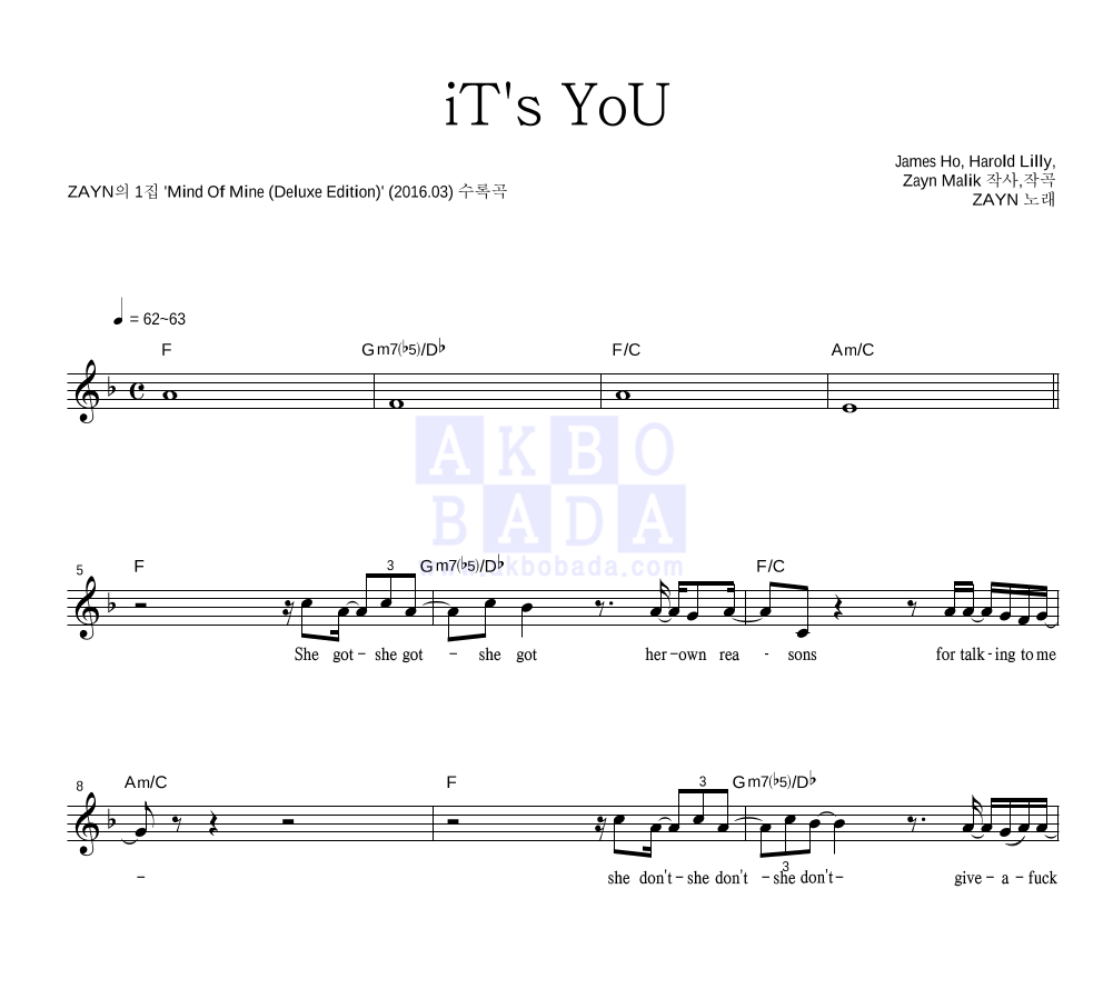 ZAYN(제인) - iT's YoU 멜로디 악보 
