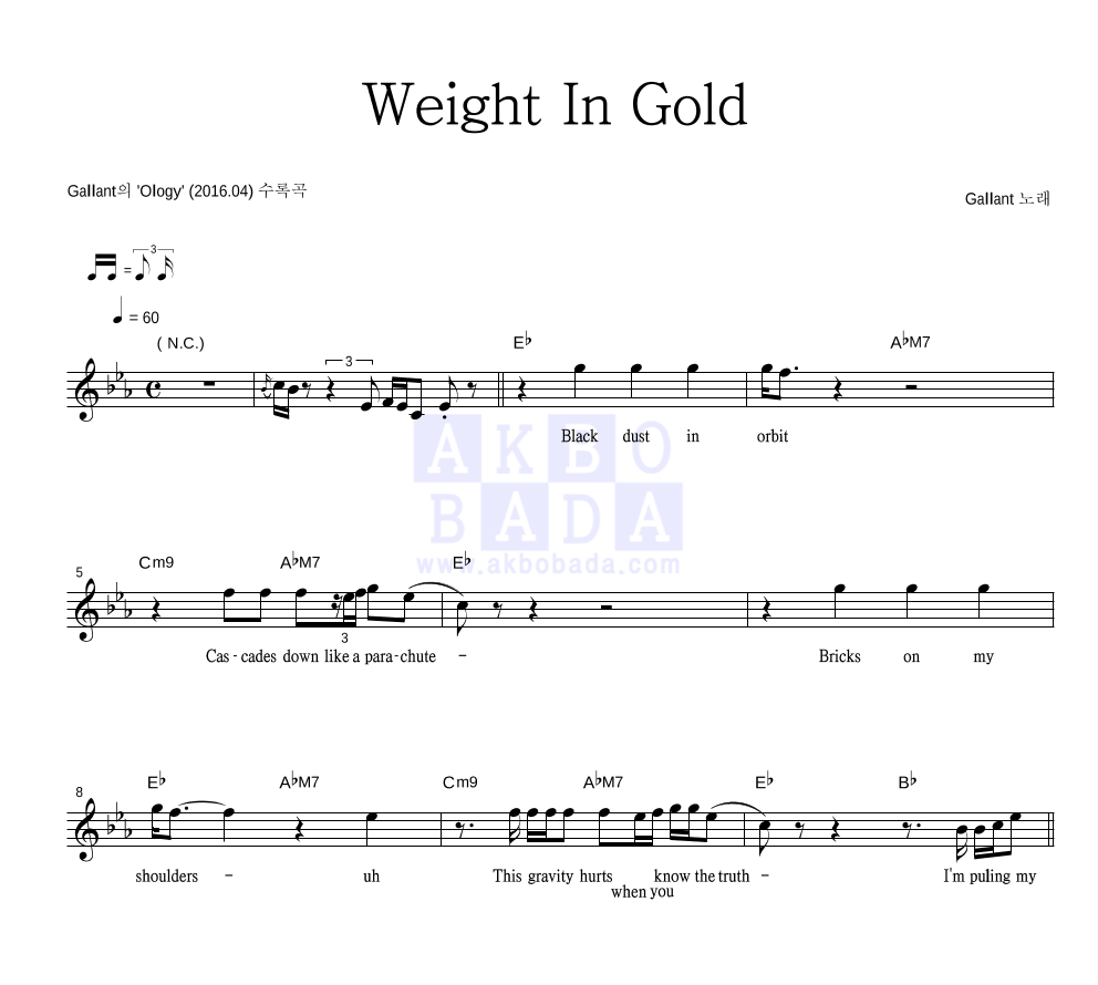 Gallant - Weight In Gold 멜로디 악보 