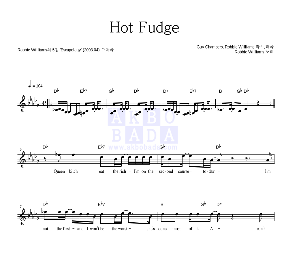 Robbie Williams - Hot Fudge 멜로디 악보 