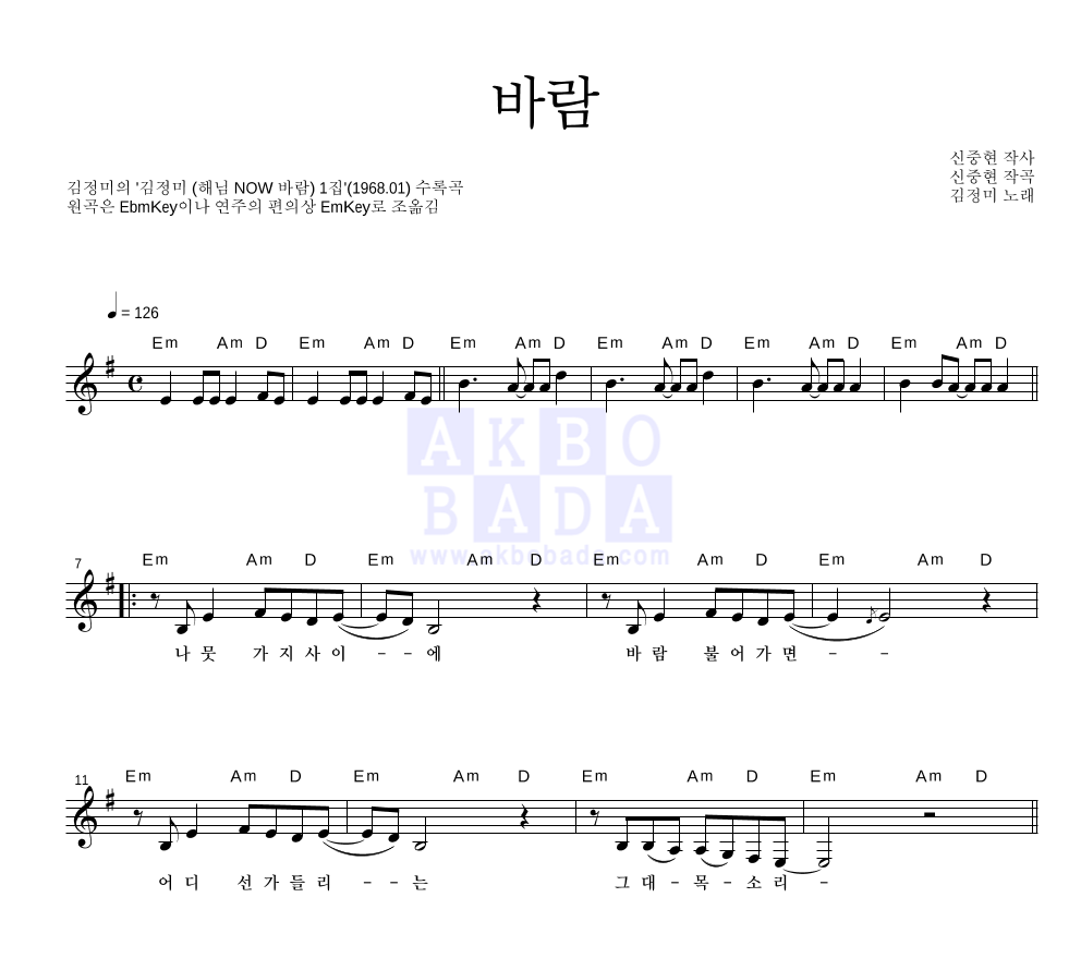 김정미 - 바람 멜로디 악보 