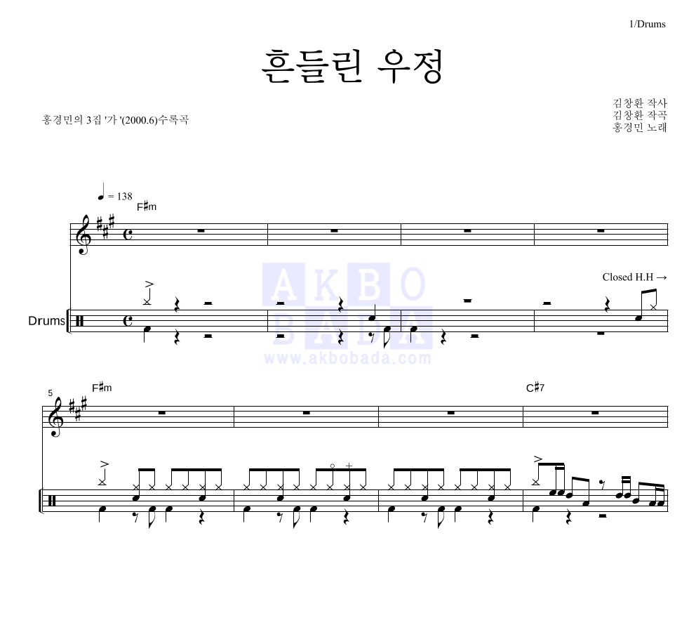 홍경민 - 흔들린 우정 드럼 악보 