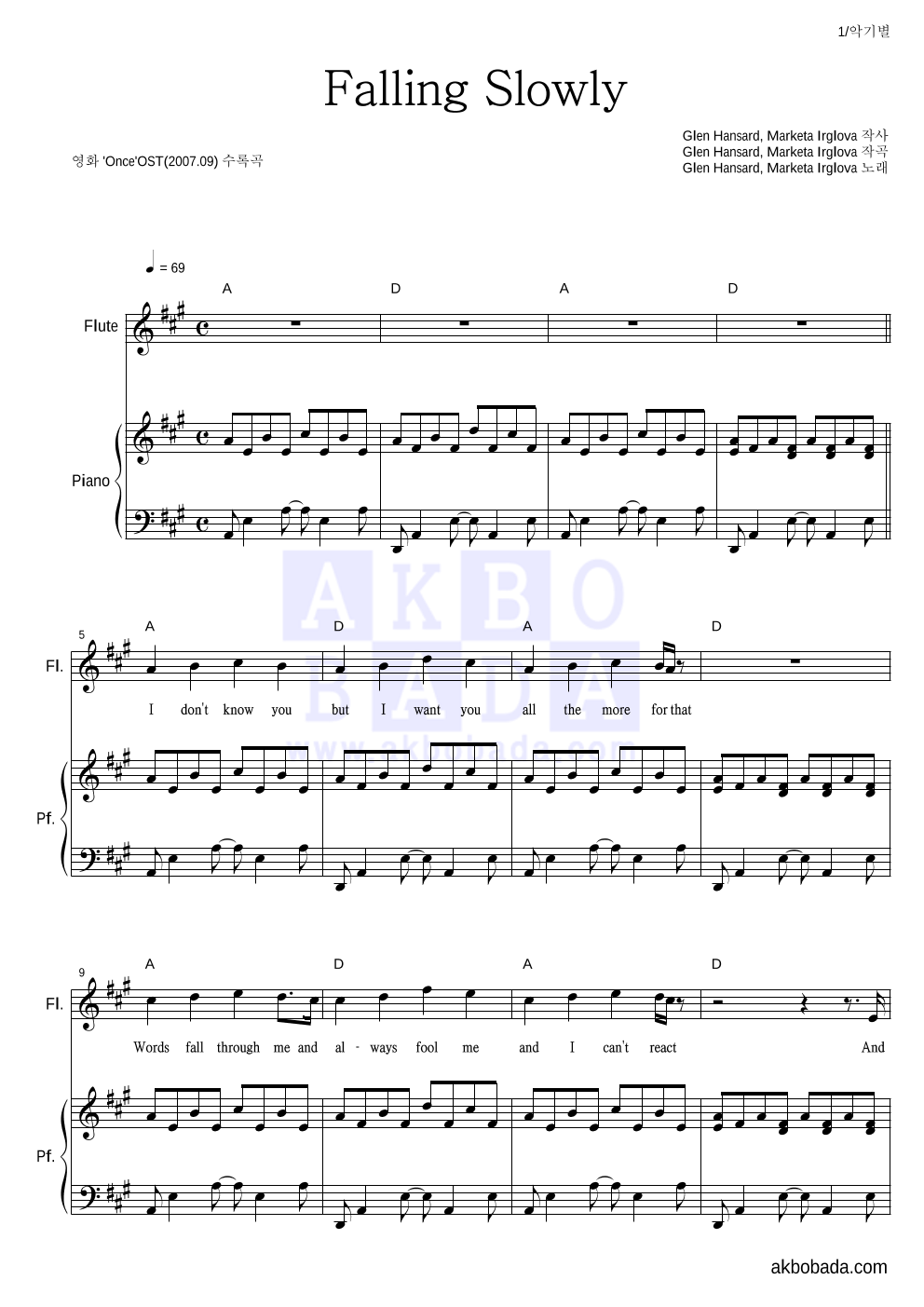 Glen Hansard,Marketa Irglova - Falling Slowly 플룻&피아노 악보 