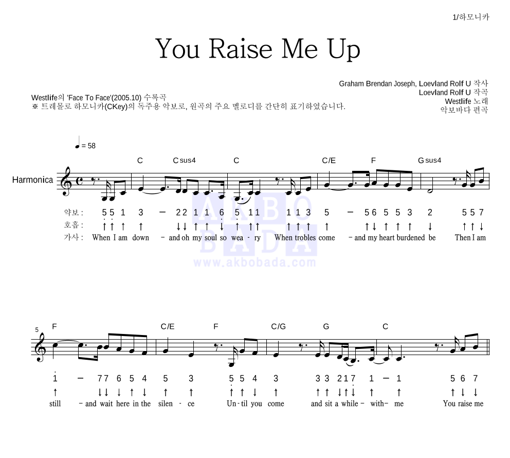 Westlife - You Raise Me Up 하모니카 악보 