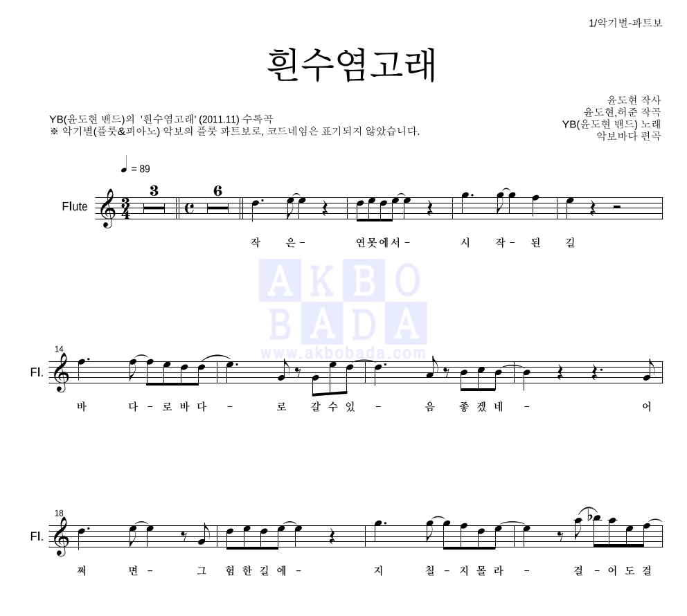 YB(윤도현 밴드) - 흰수염고래 플룻 파트보 악보 