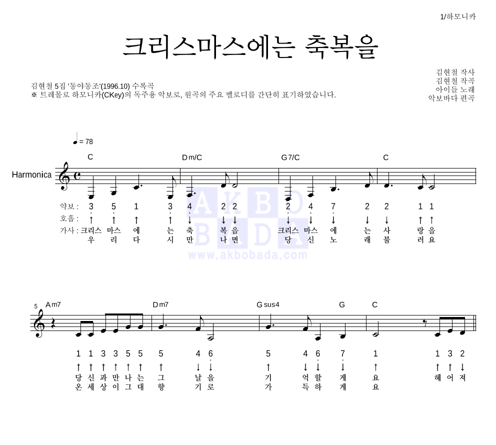 김현철 - 크리스마스에는 축복을 하모니카 악보 