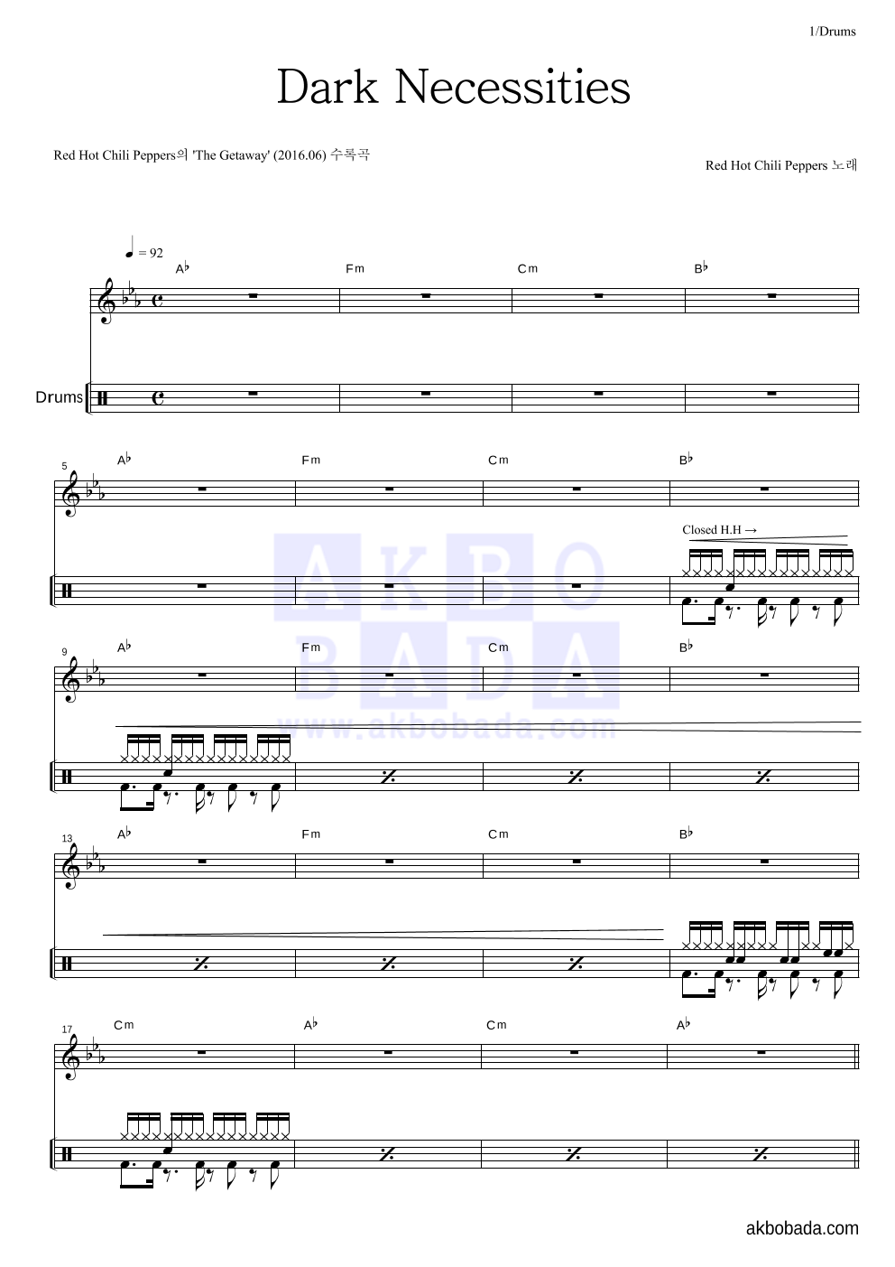 Red Hot Chili Peppers - Dark Necessities 드럼 악보 