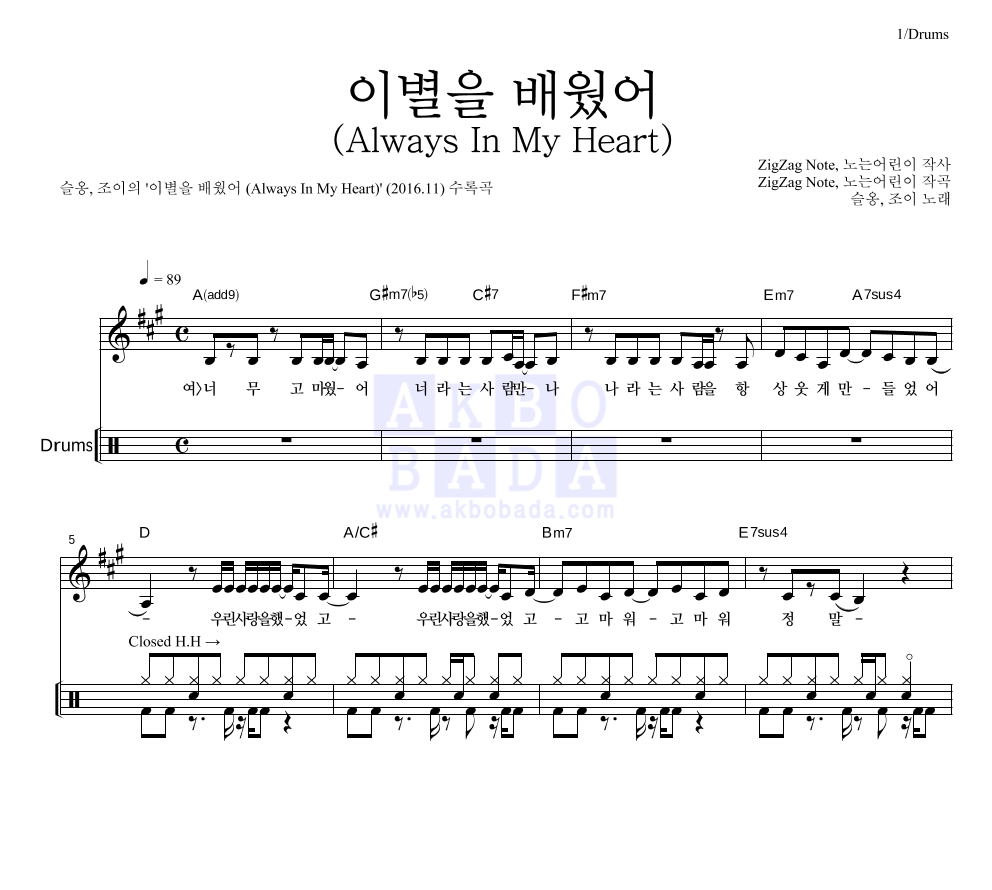 슬옹,조이(JOY) - 이별을 배웠어 (Always In My Heart) 드럼 악보 