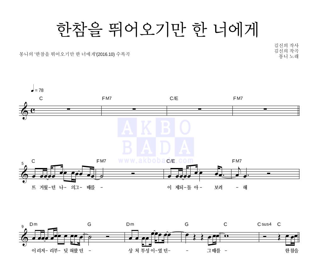 몽니 - 한참을 뛰어오기만 한 너에게 멜로디 악보 