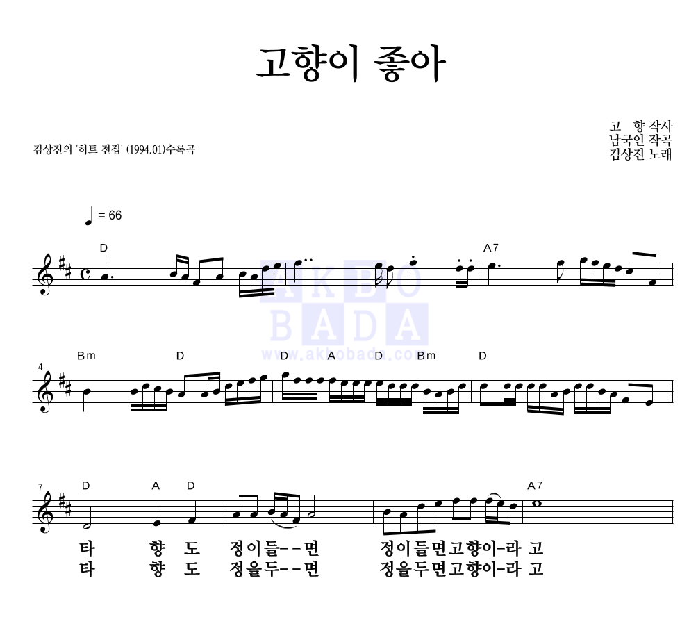 김상진 - 고향이 좋아 멜로디 큰가사 악보 