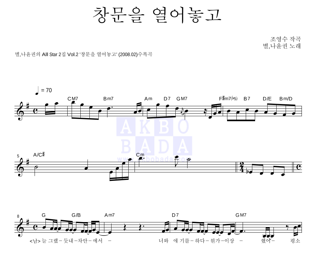 별(Star),나윤권 - 창문을 열어놓고 멜로디 악보 