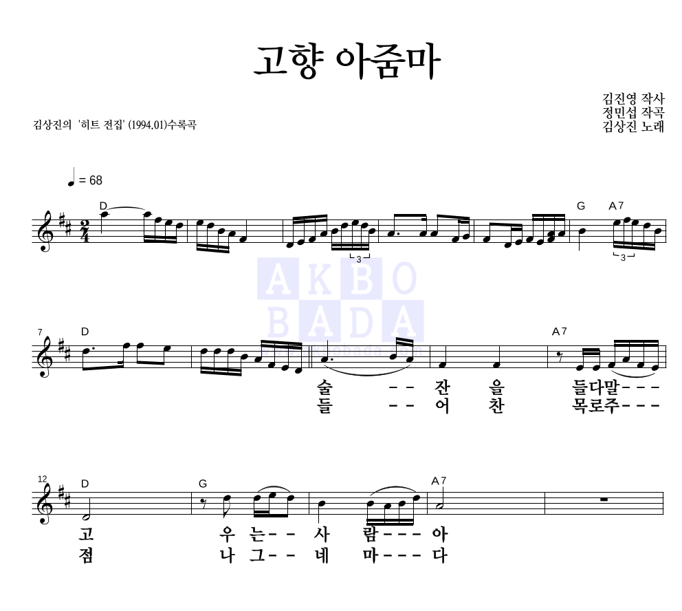 김상진 - 고향 아줌마 멜로디 큰가사 악보 