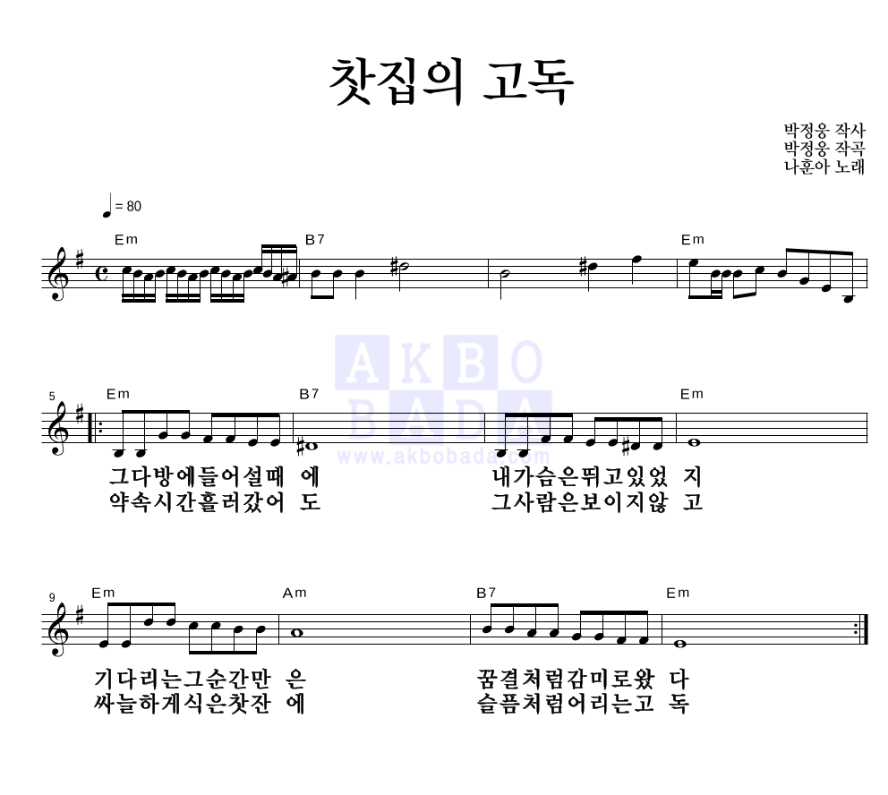 나훈아 찻집의 고독 악보