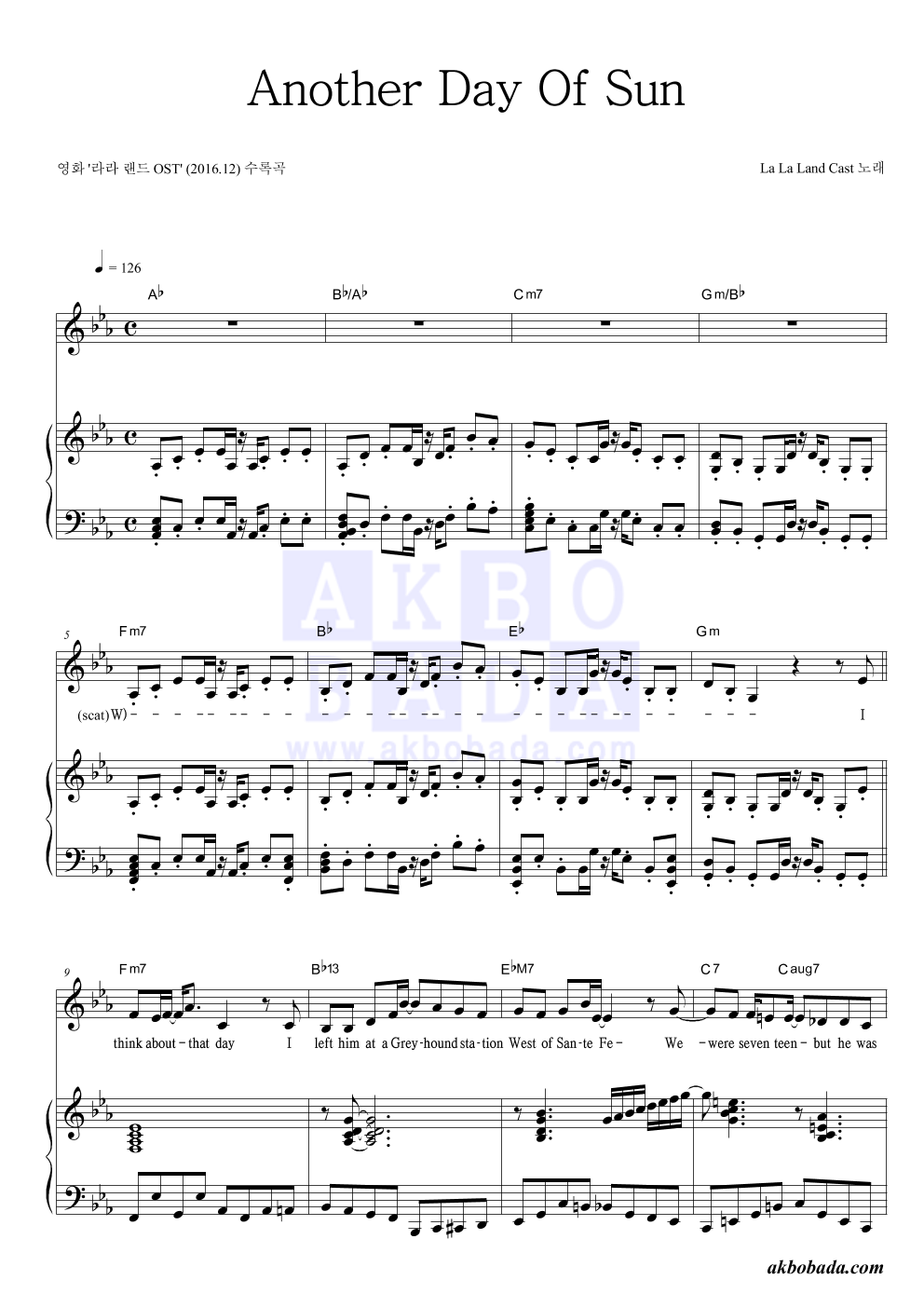 La La Land Cast - Another Day Of Sun 피아노 3단 악보 