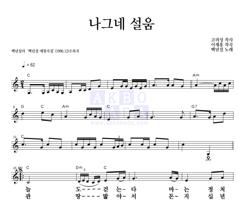 백년설 - 나그네 설움 멜로디 큰가사 악보 