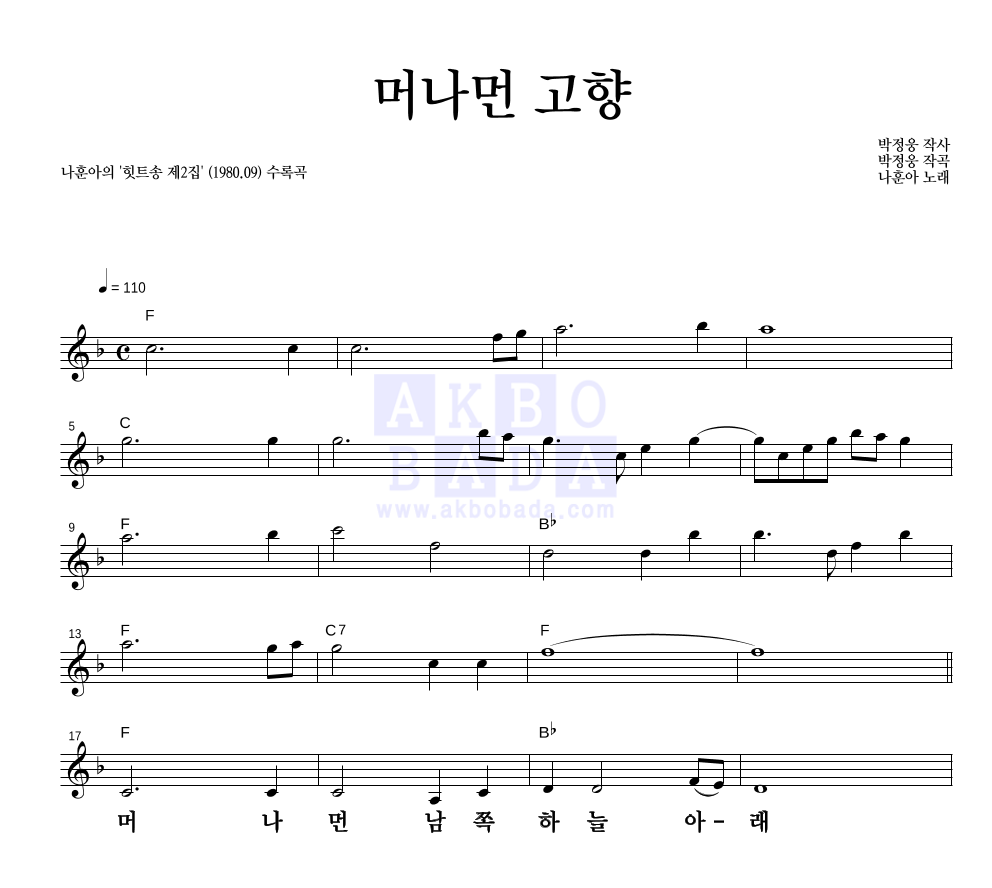 나훈아 - 머나먼 고향 멜로디 큰가사 악보 