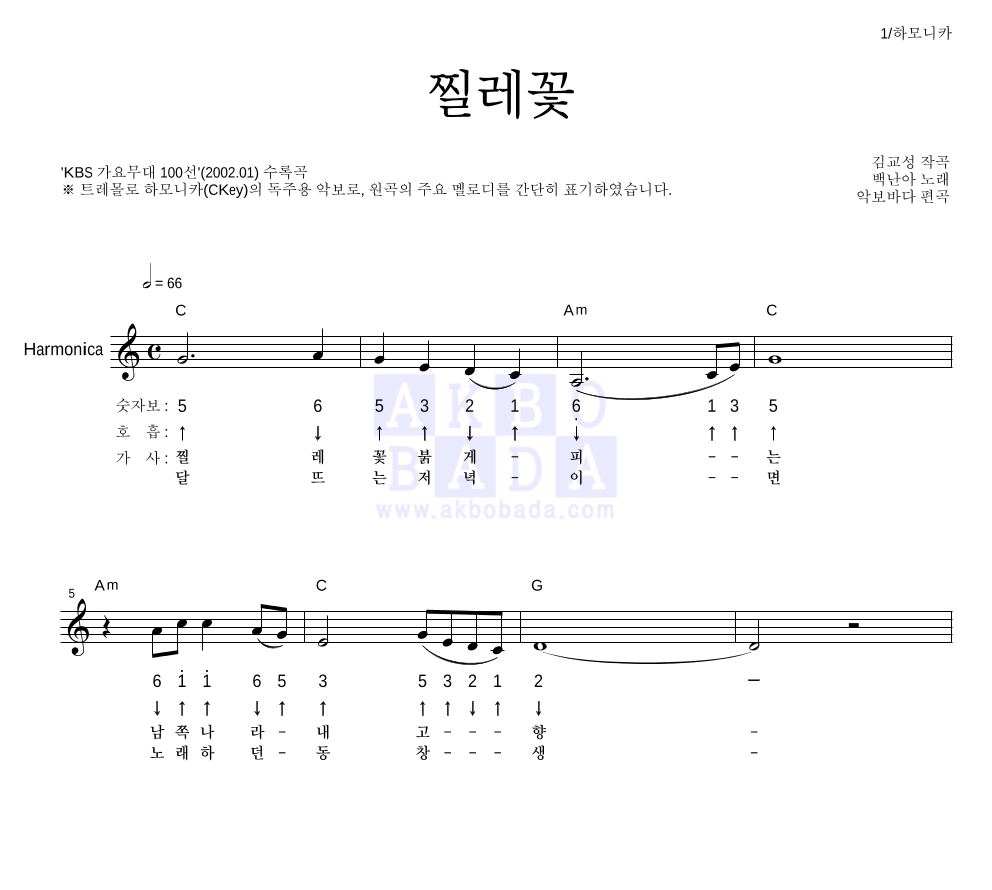 백난아 - 찔레꽃 하모니카 악보 