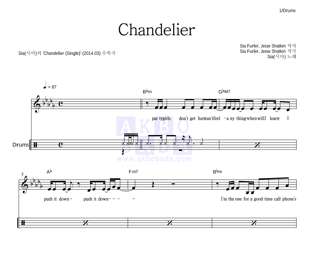 Sia(시아) - Chandelier 드럼 악보 
