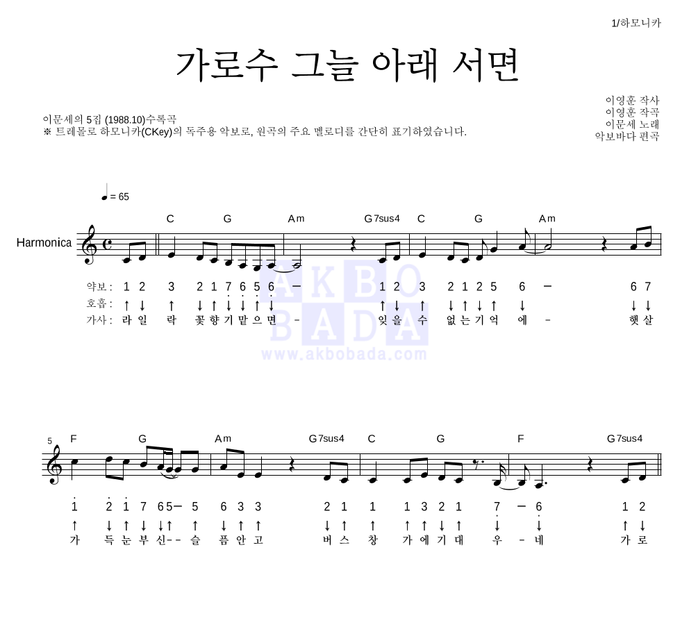 이문세 - 가로수 그늘 아래 서면 하모니카 악보 