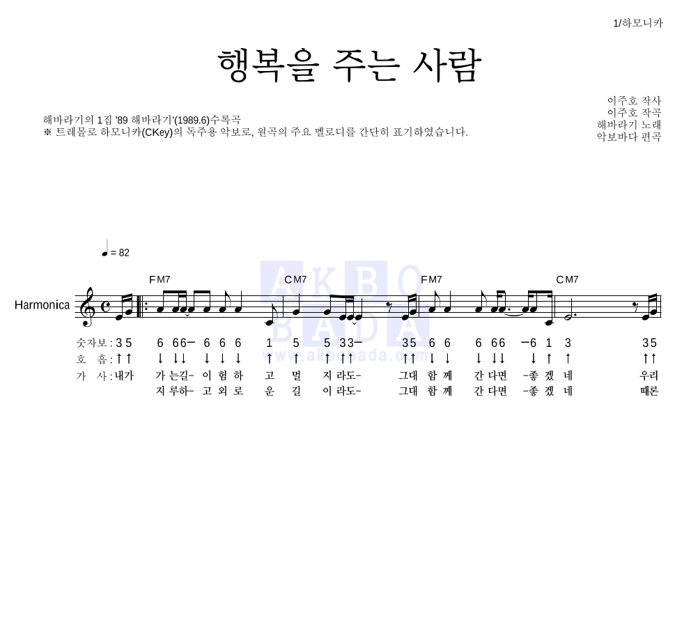 해바라기 - 행복을 주는 사람 하모니카 악보 