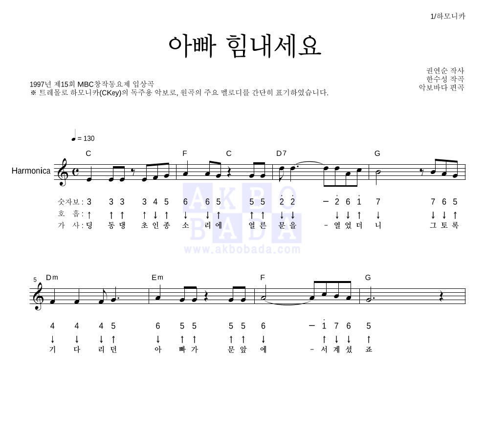 동요 - 아빠 힘내세요 하모니카 악보 