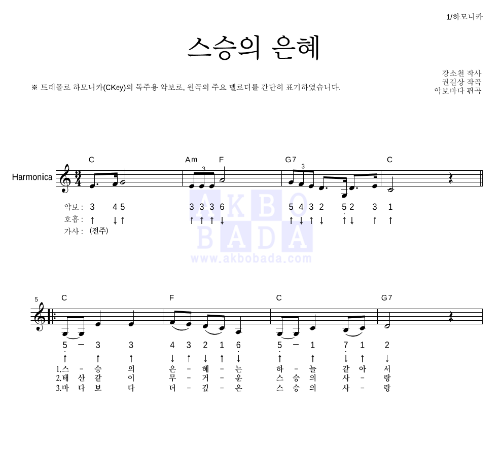 동요 - 스승의 은혜 하모니카 악보 