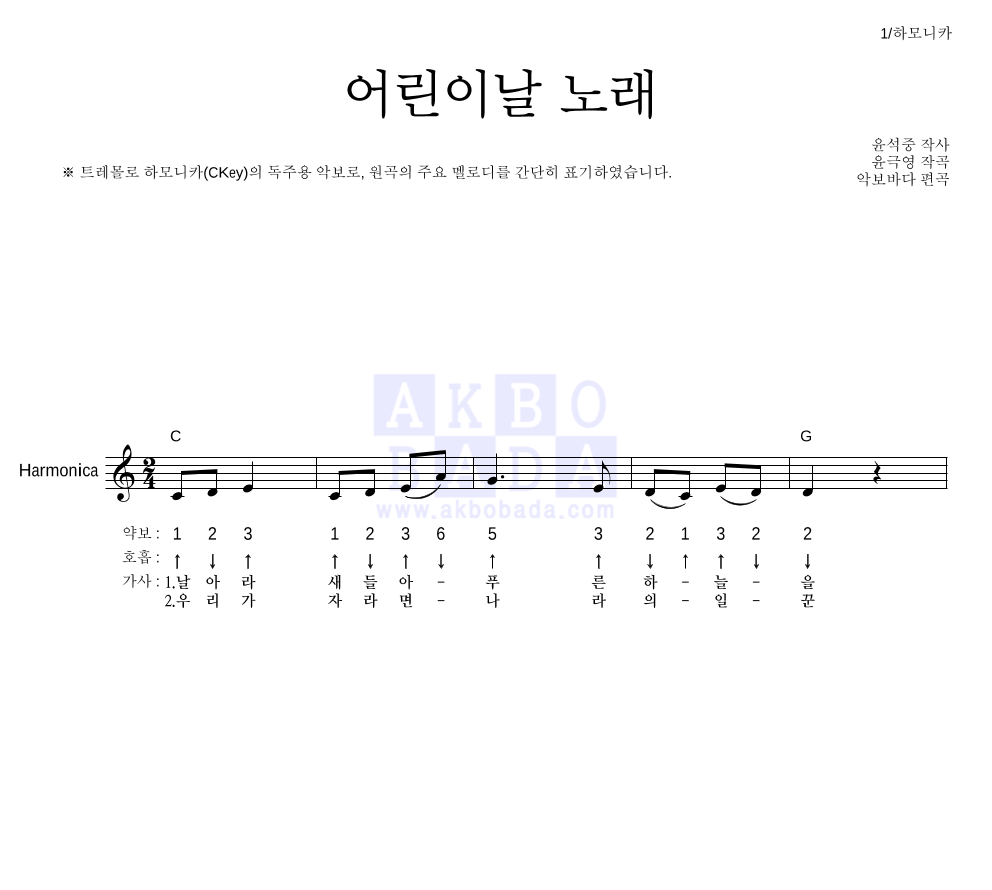 동요 - 어린이날 노래 하모니카 악보 