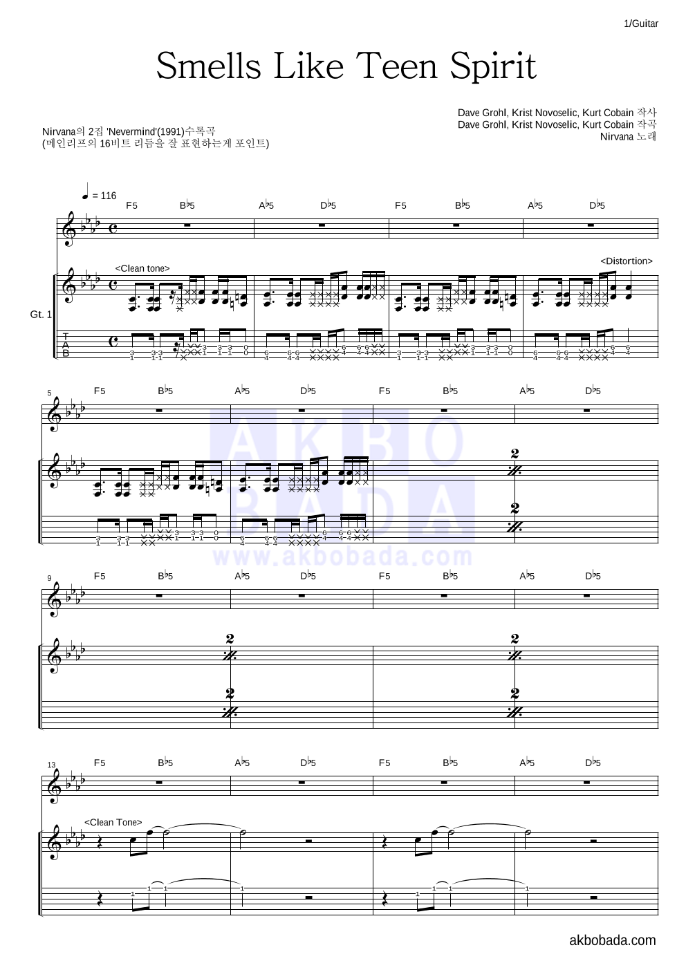 Nirvana - Smells Like Teen Spirit 기타 악보 