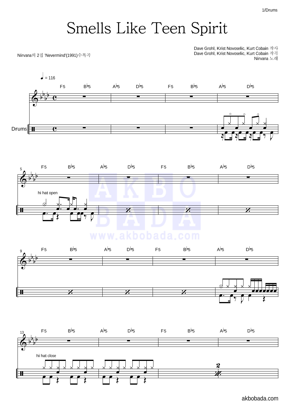 Nirvana - Smells Like Teen Spirit 드럼 악보 