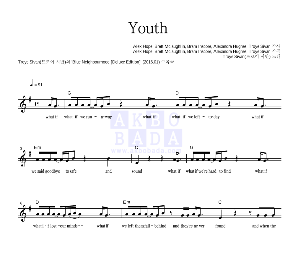 Troye Sivan - Youth 멜로디 악보 