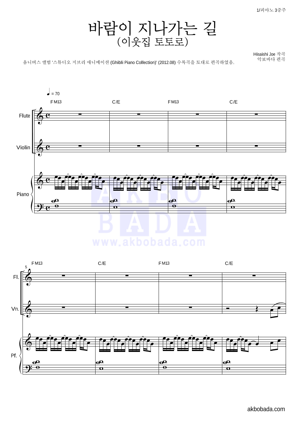 Hisaishi Joe - 바람이 지나가는 길 (이웃집 토토로) 피아노3중주 악보 