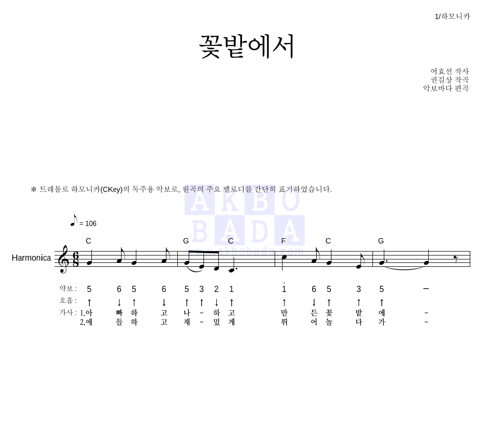 동요 - 꽃밭에서 하모니카 악보 