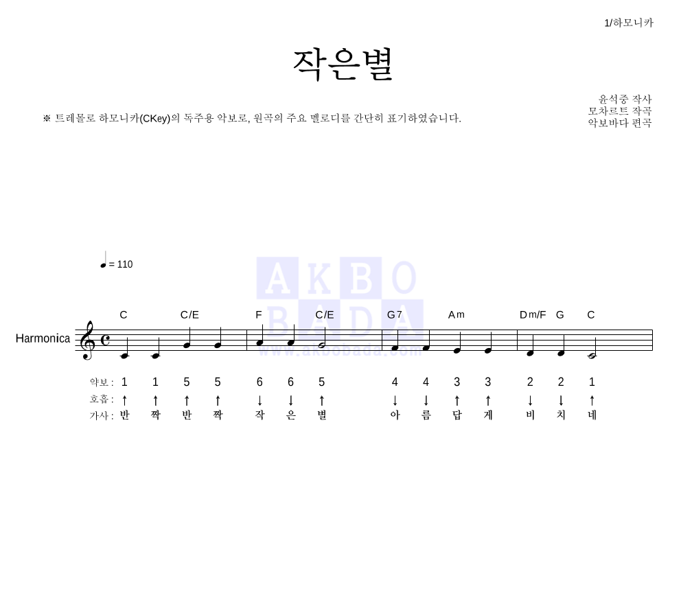 동요 - 작은별 하모니카 악보 