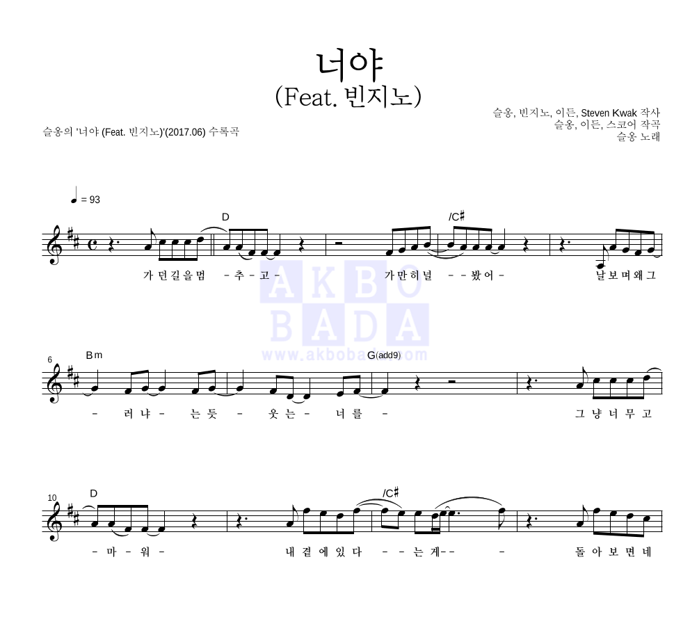 슬옹 - 너야 (Feat. 빈지노) 멜로디 악보 