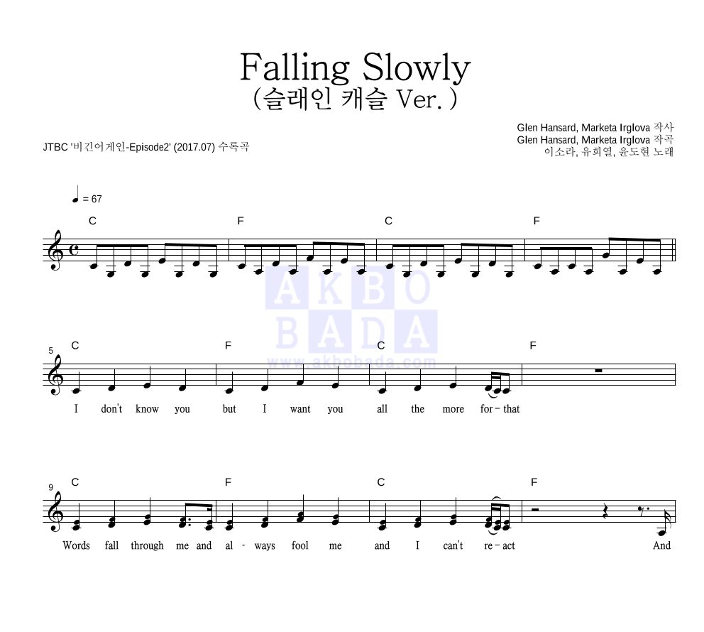 이소라,유희열,윤도현 - Falling Slowly (슬래인 캐슬 Ver.) 멜로디 악보 