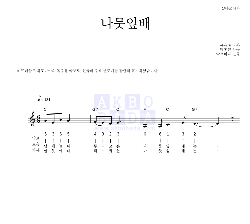 동요 - 나뭇잎배 하모니카 악보 