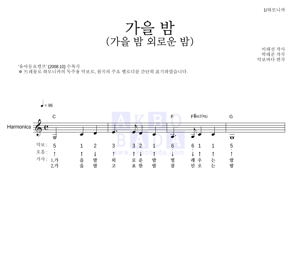 동요 - 가을 밤 (가을 밤 외로운 밤) 하모니카 악보 