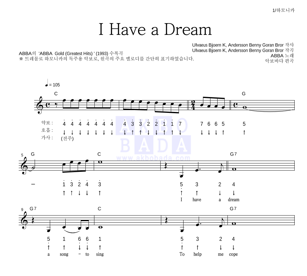 ABBA(아바) - I Have a Dream 하모니카 악보 