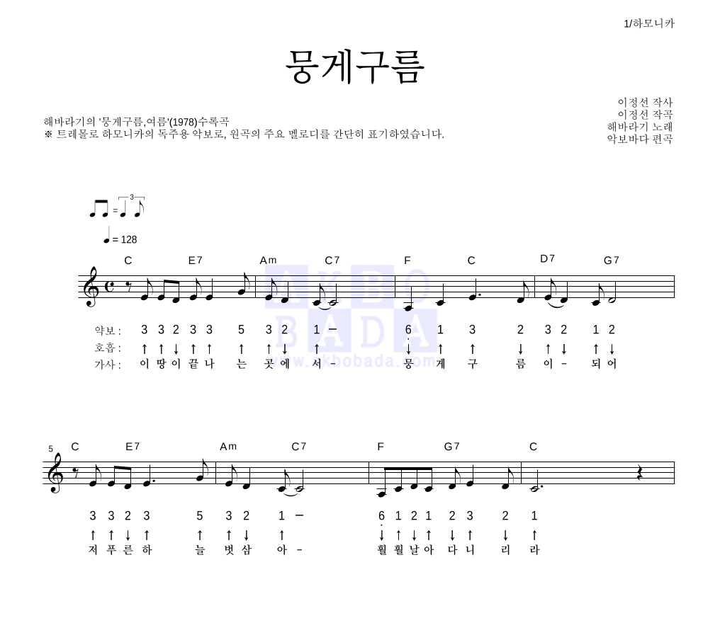 해바라기 - 뭉게구름 하모니카 악보 