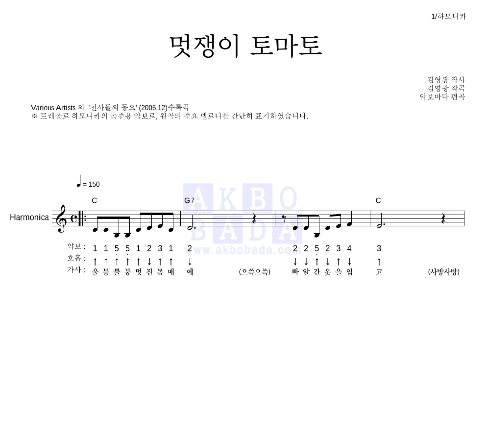 동요 - 멋쟁이 토마토 하모니카 악보 