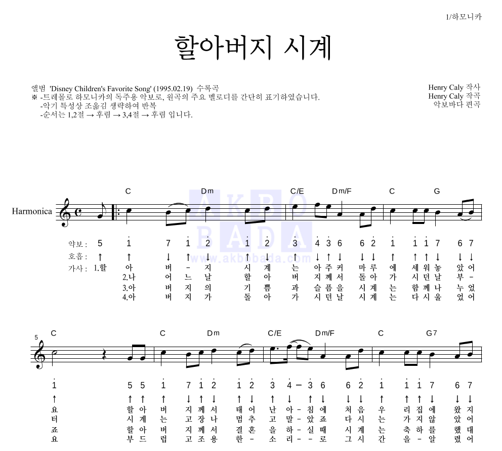 동요 - 할아버지 시계 하모니카 악보 