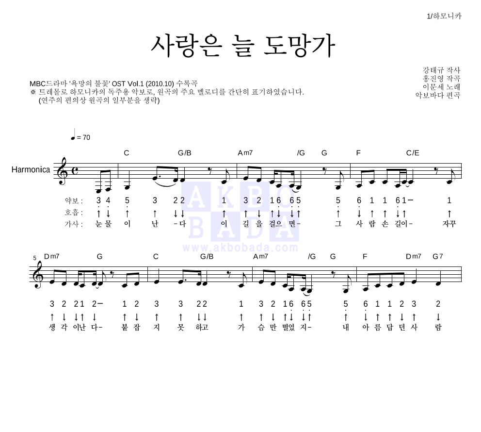 이문세 - 사랑은 늘 도망가 하모니카 악보 