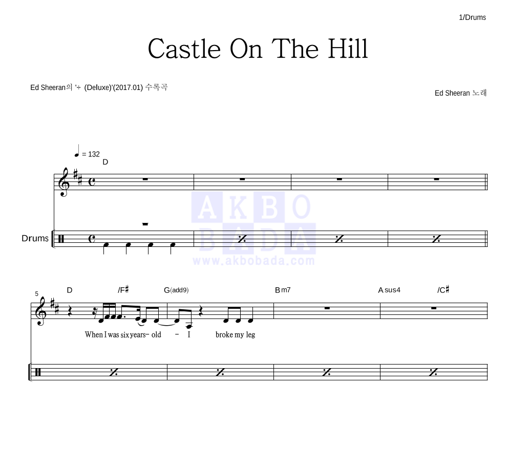Ed Sheeran - Castle On The Hill 드럼 악보 