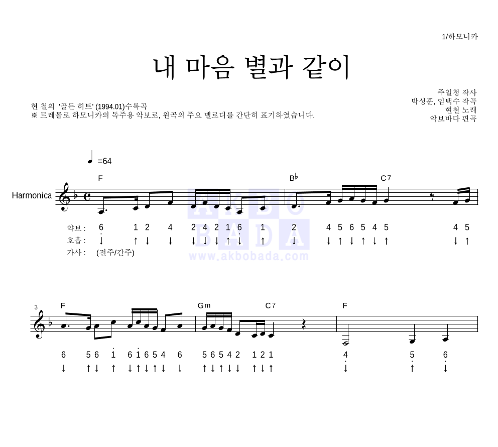 현철(성인가요) - 내 마음 별과 같이 하모니카 악보 