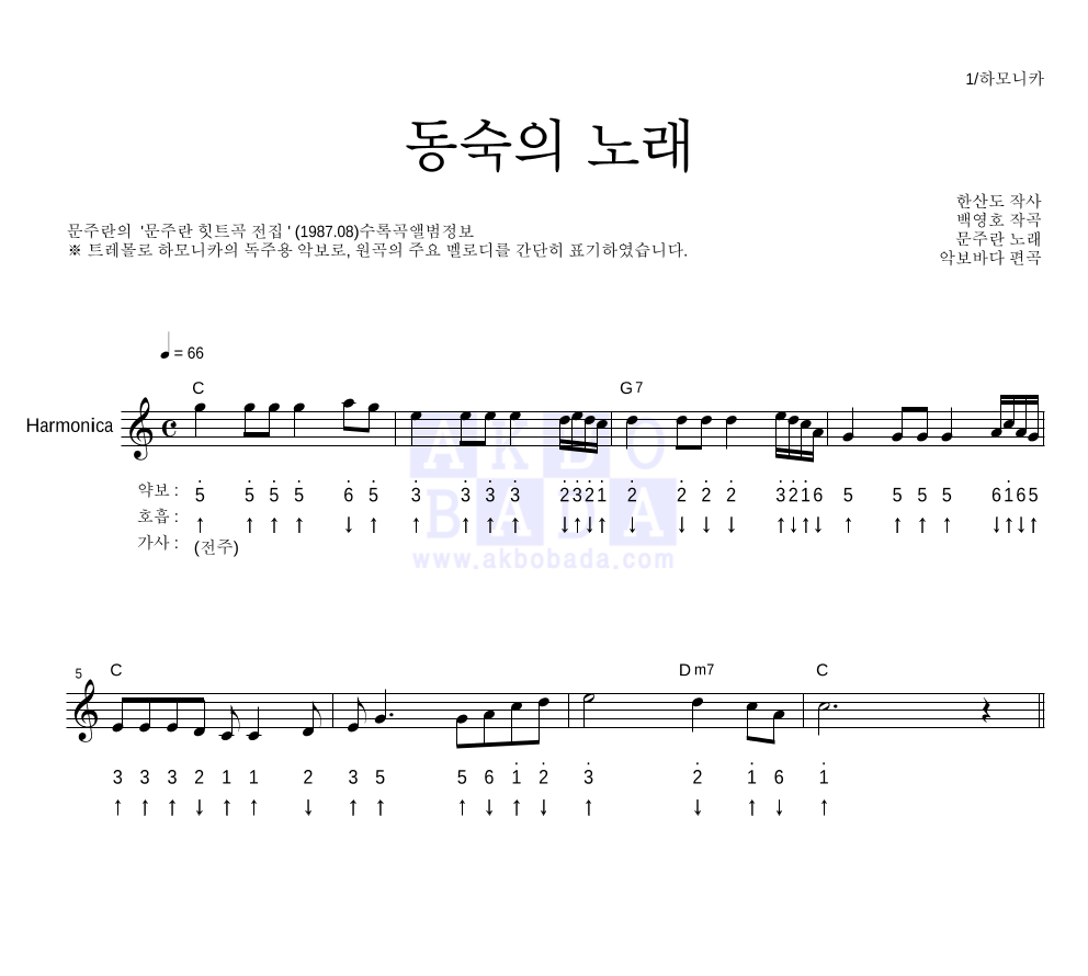 문주란 - 동숙의 노래 하모니카 악보 