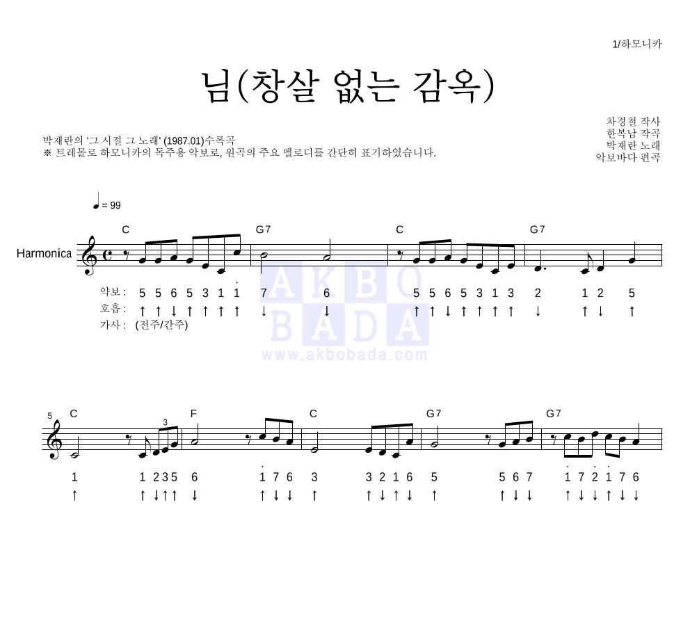 박재란 - 님(창살없는 감옥) 하모니카 악보 