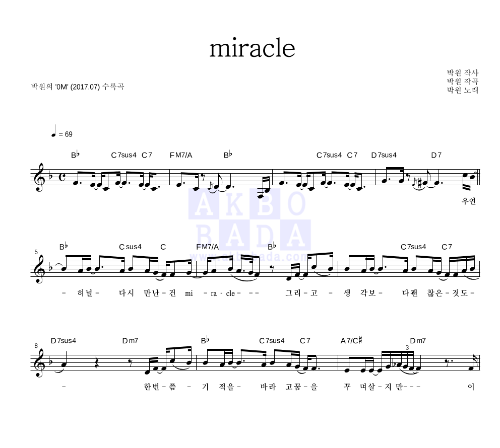 박원 - miracle 멜로디 악보 