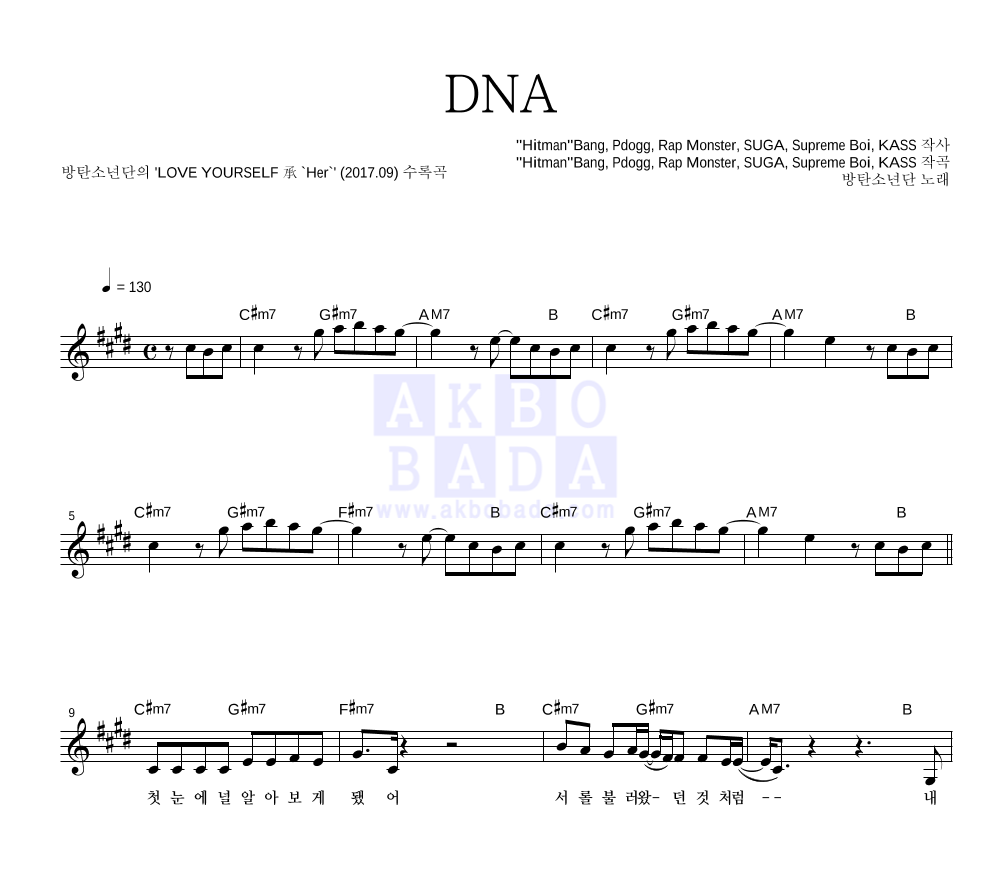 방탄소년단 - DNA 멜로디 악보 