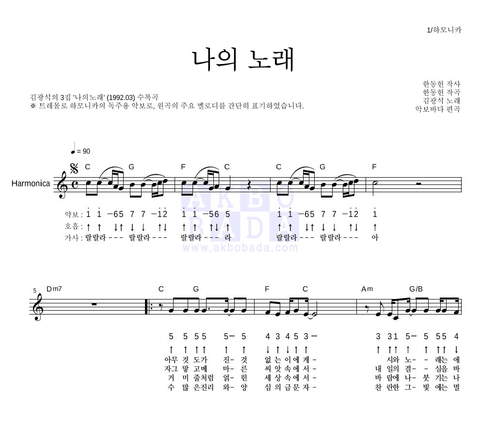 김광석 - 나의 노래 하모니카 악보 