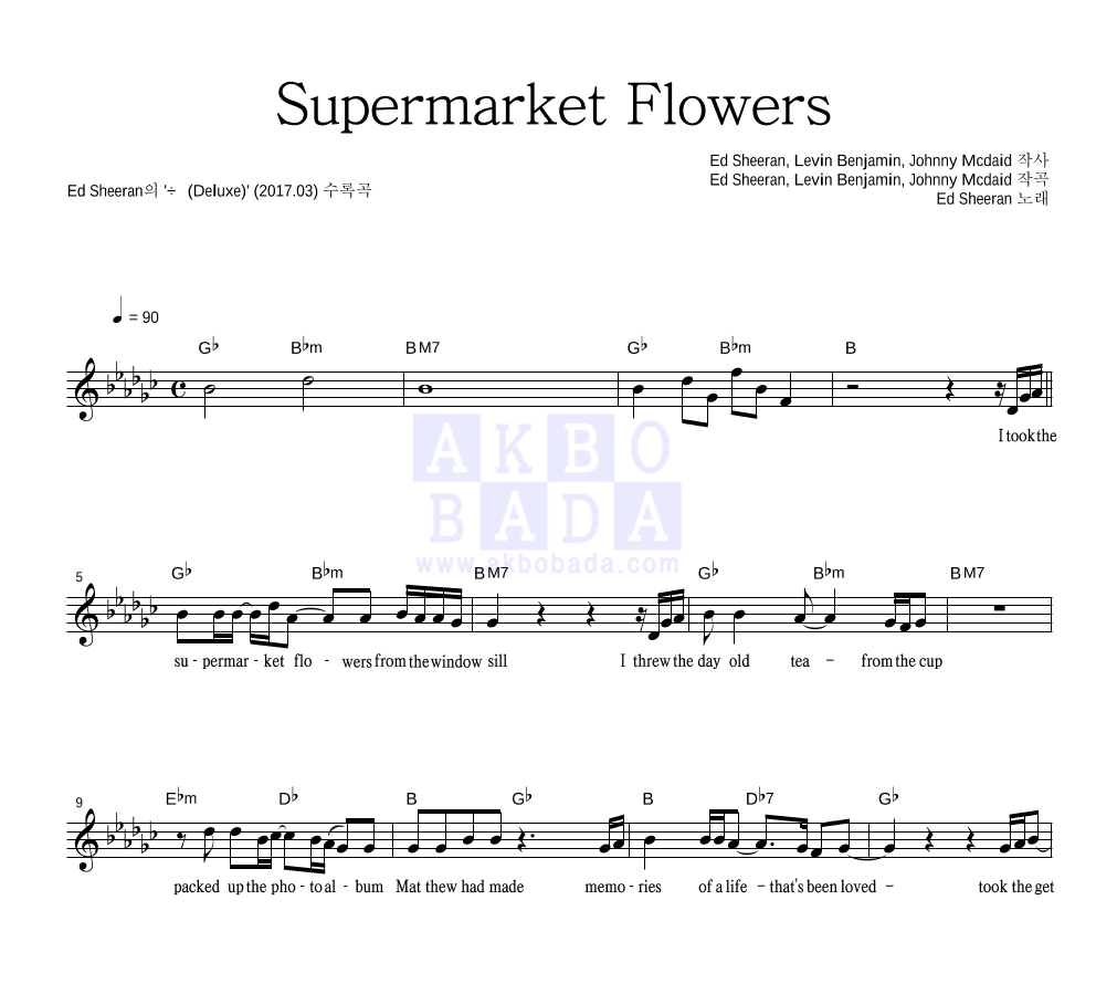 Ed Sheeran - Supermarket Flowers 멜로디 악보 