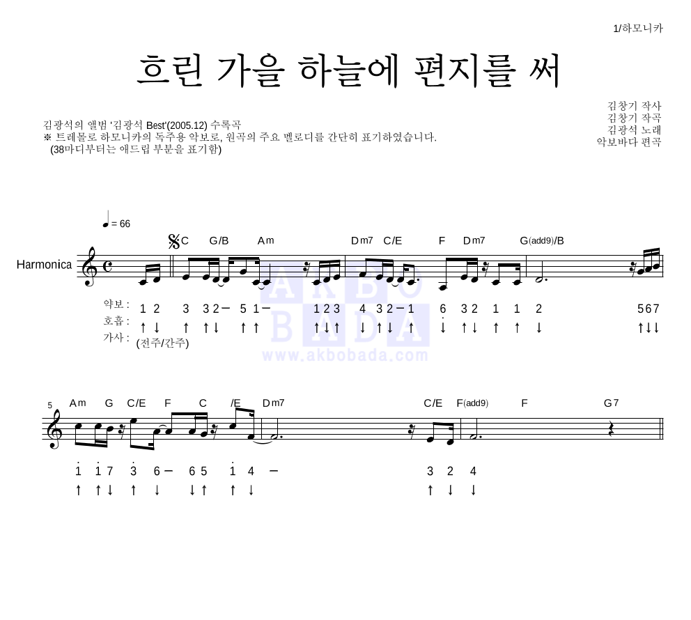김광석 - 흐린 가을 하늘에 편지를 써 하모니카 악보 